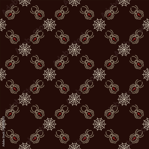 Geometric halloween pattern with square grid with icons of spider, spider web on dark background. Classic grid pattern. Simple outline illustrations