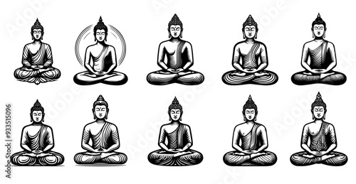 collection of black and white buddha meditation vector designs in sitting poses