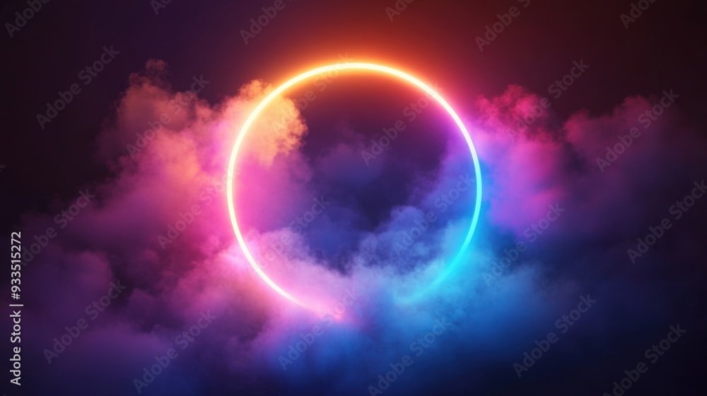 A glowing neon circle surrounded by colorful clouds creating a vibrant, dreamy atmosphere. A glowing neon circle surrounded by colorful clouds creating a vibrant, dreamy atmosphere.