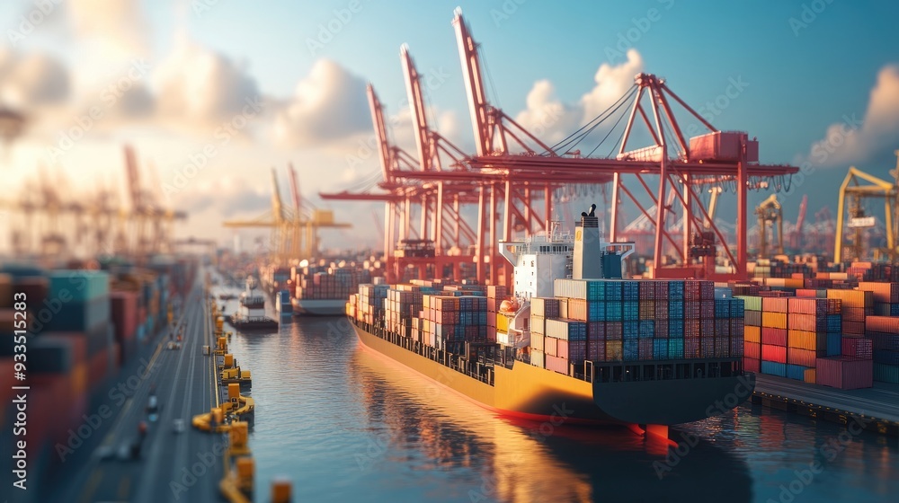 Fototapeta premium Cargo ship unloading at busy port, cranes and containers, 3D illustration 