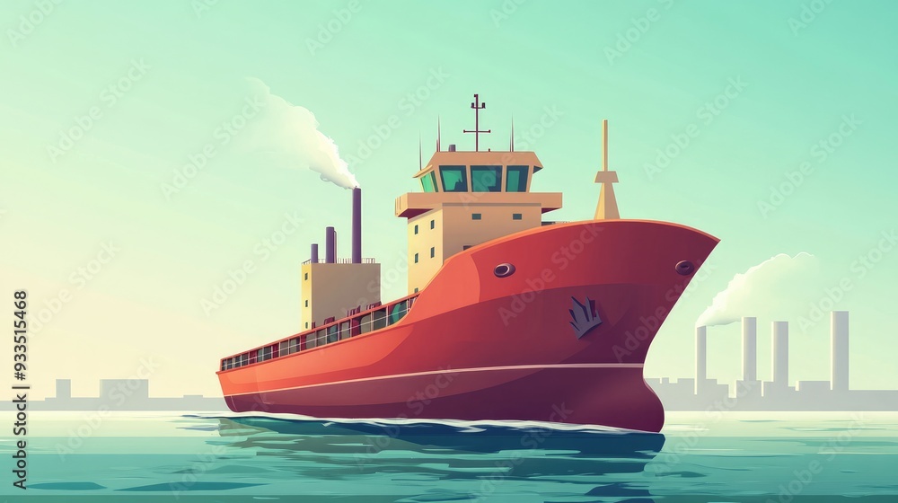 Fototapeta premium Cargo vessel flat design front view theme industrial animation vivid 
