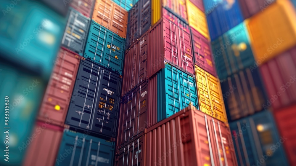 Obraz premium Close-up of shipping containers with barcodes and labels, 3D illustration