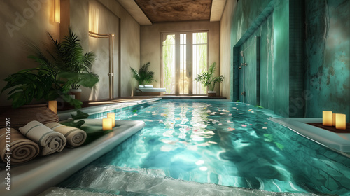 Wallpaper Mural Spa salon scene featuring water, towels, flowers, creating a calm and relaxing environment. Spa hotel treatments, relaxation, wellness Torontodigital.ca