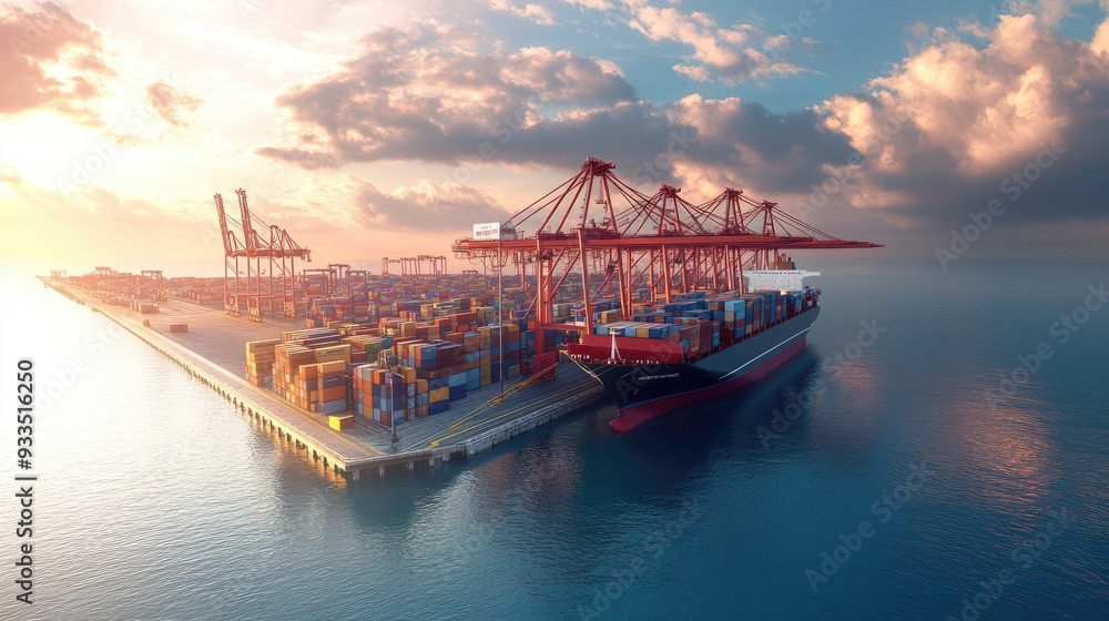 Obraz premium Container ship docked in port, large cranes offloading cargo, 3D illustration