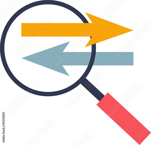 Magnifying glass over two arrows pointing in opposite directions, symbolizing comparison or decision analysis.