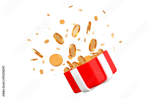 3d gold coins flying out of a red box. Stock vector illustration on isolated background.