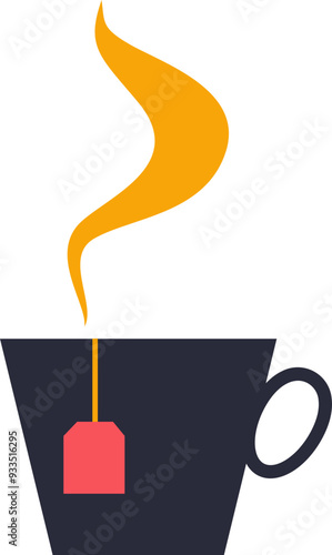 A stylized image of a steaming cup of tea with a teabag.