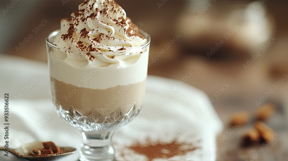 A luxurious white chocolate mousse topped with whipped cream and a dusting of cocoa powder, served in a glass with a decorative spoon. A luxurious white chocolate mousse topped with whipped cream and a dusting of cocoa powder, served in a glass with a decorative spoon.