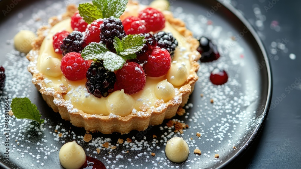 A luxurious white chocolate tart with a buttery crust, topped with fresh fruit and mint leaves, served on a dessert plate. A luxurious white chocolate tart with a buttery crust, topped with fresh fruit and mint leaves, served on a dessert plate.