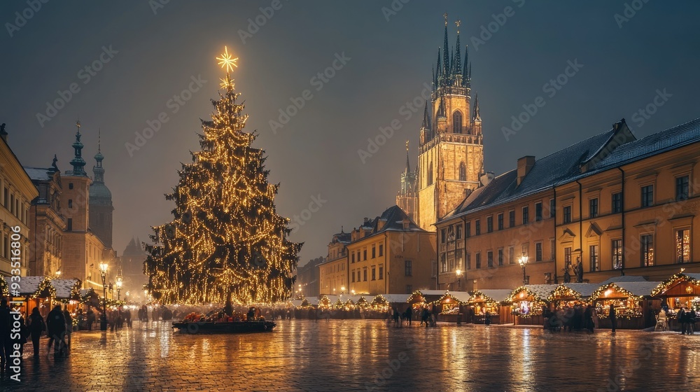 Obraz premium A magical Christmas night in Krakow, Poland, with a glowing Christmas tree and the iconic Cloth Hall casting a festive glow over the Main Market Square.