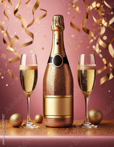 Champagne bottle and glasses with colorful background with confetti, celebration background with copy space, concept of celebration