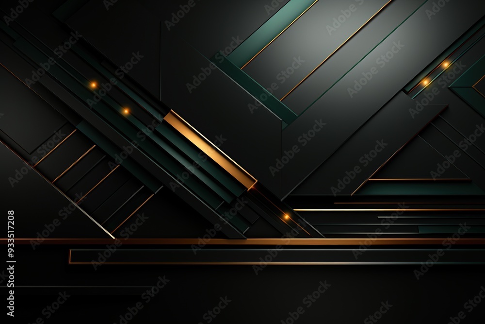 Abstract black, gold & green geometric shapes with glowing accents. Abstract black, gold & green geometric shapes with glowing accents.