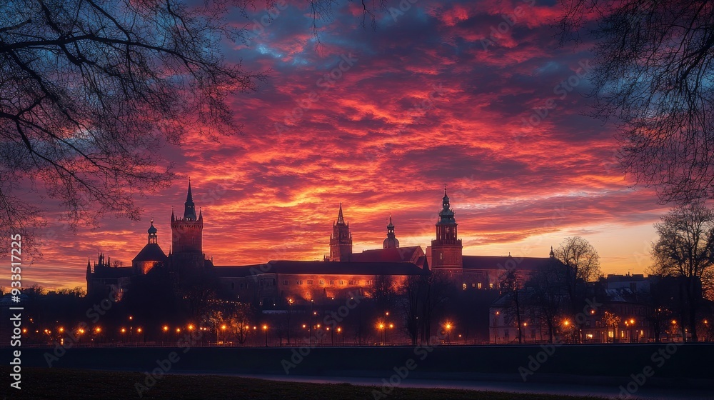 Naklejka premium A magical twilight scene of Wawel Castle, its silhouette outlined against a colorful sky, with soft lights enhancing its historical charm.