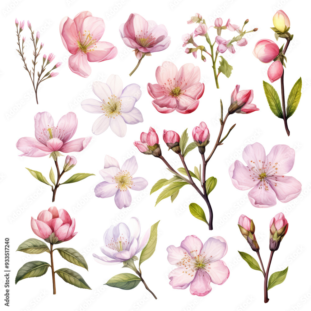 A collection of pink and white cherry blossoms in various stages of bloom, isolated on a transparent background. A collection of pink and white cherry blossoms in various stages of bloom, isolated on a transparent background.