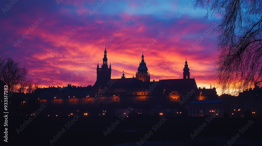 A magical twilight scene of Wawel Castle, its silhouette outlined against a colorful sky, with soft lights enhancing its historical charm. A magical twilight scene of Wawel Castle, its silhouette outlined against a colorful sky, with soft lights enhancing its historical charm.