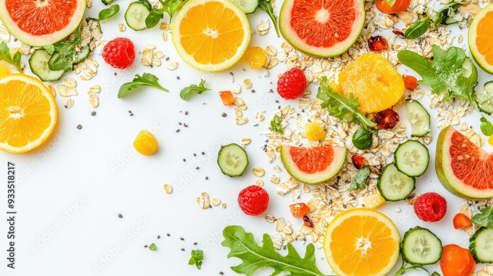A nutritious top-down composition of muesli, mixed vegetable salad, and fresh fruit slices, creating a vibrant and healthy spread on a white background. A nutritious top-down composition of muesli, mixed vegetable salad, and fresh fruit slices, creating a vibrant and healthy spread on a white background.