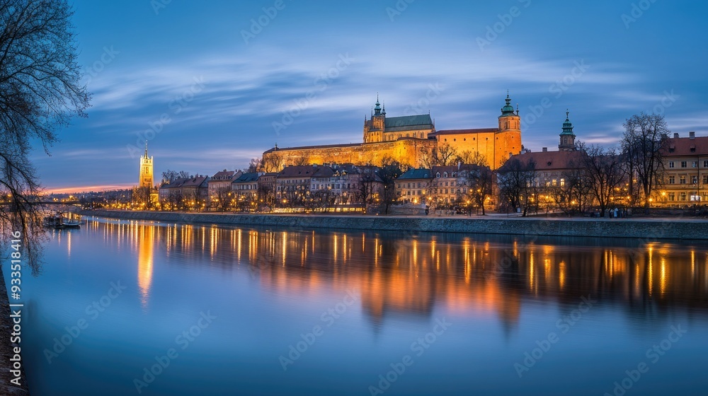 A panoramic shot of Wawel Castle in Krakow during twilight, with the castle glowing against the backdrop of a deepening blue sky and the tranquil Vistula River. A panoramic shot of Wawel Castle in Krakow during twilight, with the castle glowing against the backdrop of a deepening blue sky and the tranquil Vistula River.
