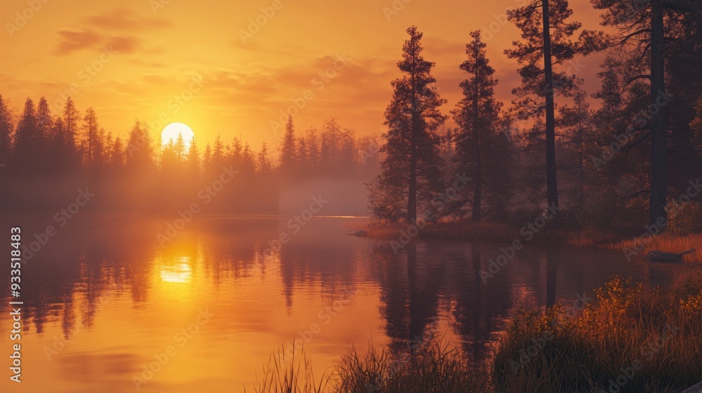 Serene landscape at golden hour, with a calm lake reflecting the setting sun and tall trees, bathed in warm, golden light. Serene landscape at golden hour, with a calm lake reflecting the setting sun and tall trees, bathed in warm, golden light.