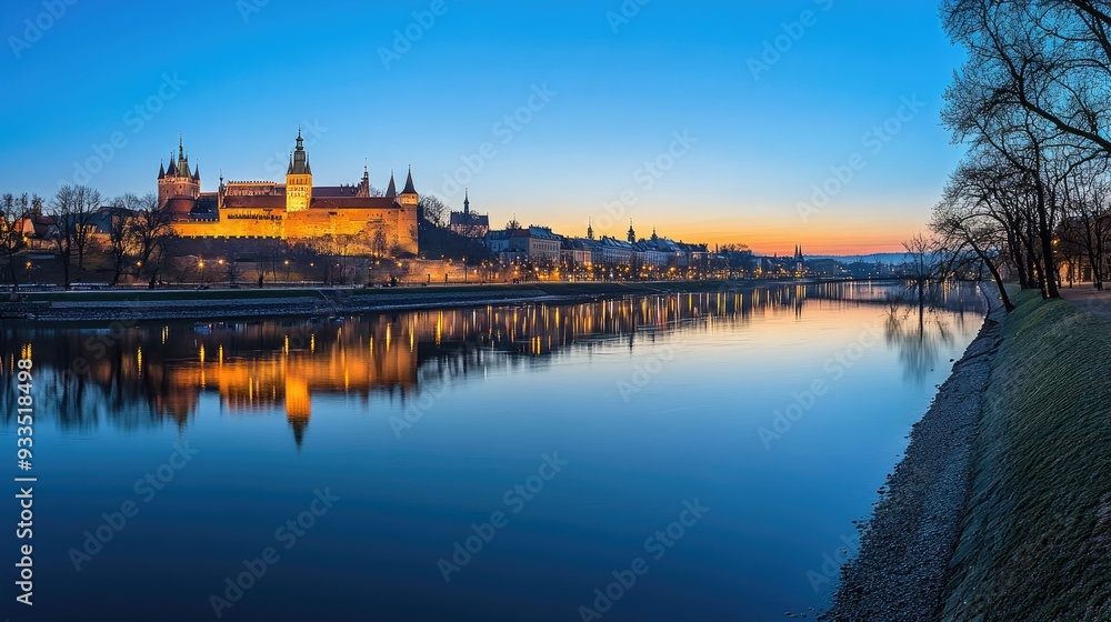 Obraz premium A panoramic shot of Wawel Castle in Krakow during twilight, with the castle glowing against the backdrop of a deepening blue sky and the tranquil Vistula River.