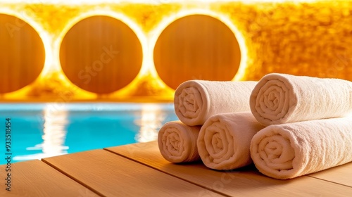 A spa s indoor pool area with wooden loungers, soft towels, and ambient lighting, creating a serene and calming space photo