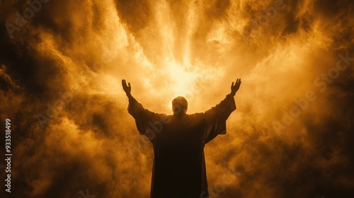 Silhouette of a man in a religious robe praying with arms lifted, as holy light pierces through clouds and fog, symbolizing faith and devotion.