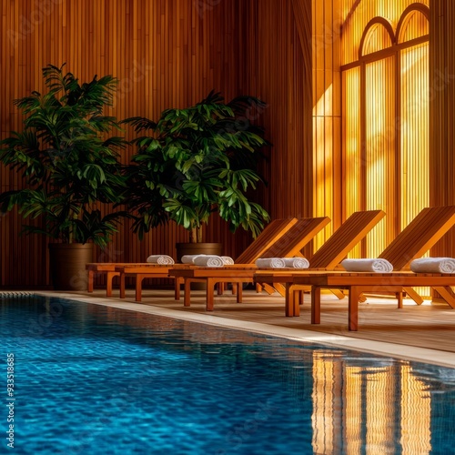 A spa s indoor pool area with wooden loungers, soft towels, and ambient lighting, creating a serene and calming space photo