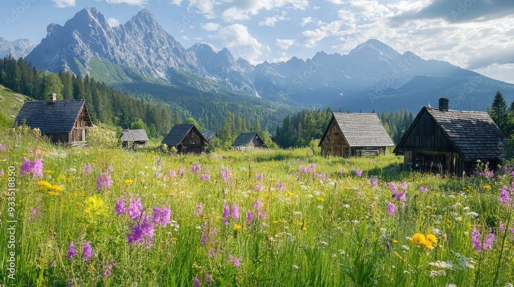 A panoramic view of the Tatra Mountains with bright summer flowers and charming cottages in the peaceful Gasienicowa Valley. A panoramic view of the Tatra Mountains with bright summer flowers and charming cottages in the peaceful Gasienicowa Valley.