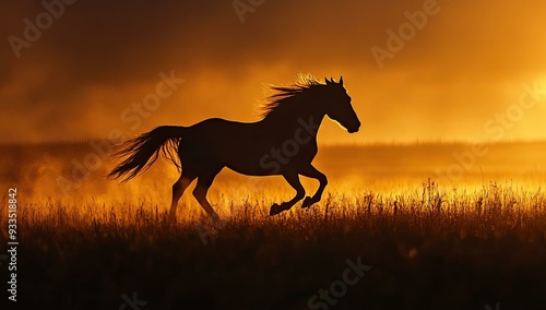 Silhouetted horse running through golden field.