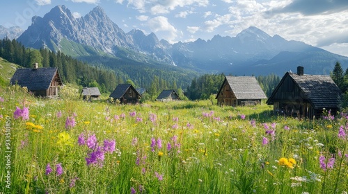 A panoramic view of the Tatra Mountains with bright summer flowers and charming cottages in the peaceful Gasienicowa Valley.