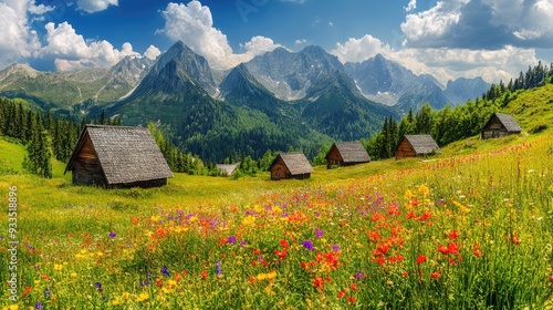 A panoramic view of the Tatra Mountains with bright summer flowers and charming cottages in the peaceful Gasienicowa Valley.