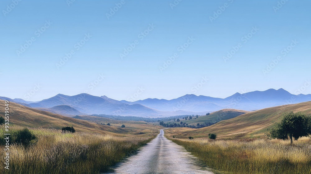 A peaceful landscape with a road leading through rolling hills towards distant mountains, under a clear sky. A peaceful landscape with a road leading through rolling hills towards distant mountains, under a clear sky.