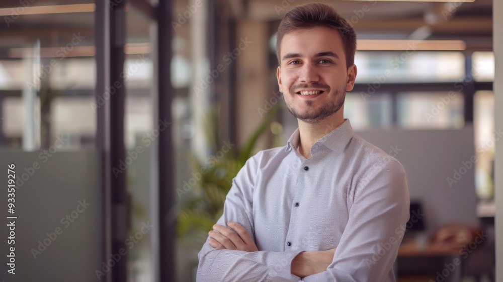 Smiling handsome businessman with crossed arms in modern office, young man exuding confidence, business success concept. Smiling handsome businessman with crossed arms in modern office, young man exuding confidence, business success concept.