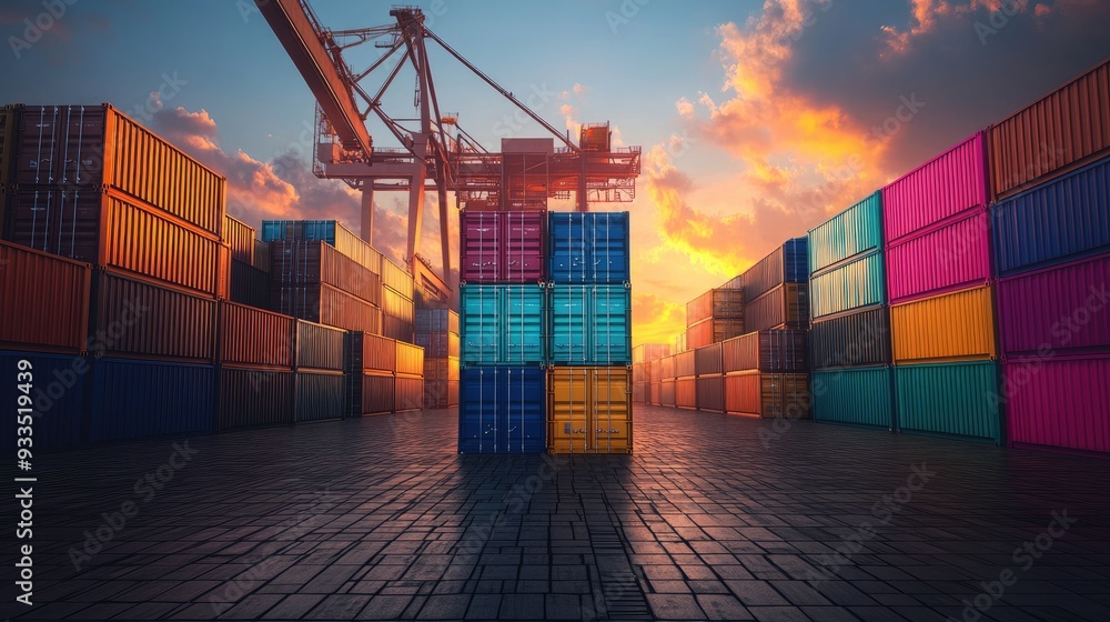 Fototapeta premium Stacked shipping containers, colorful arrangement in shipyard, 3D illustration