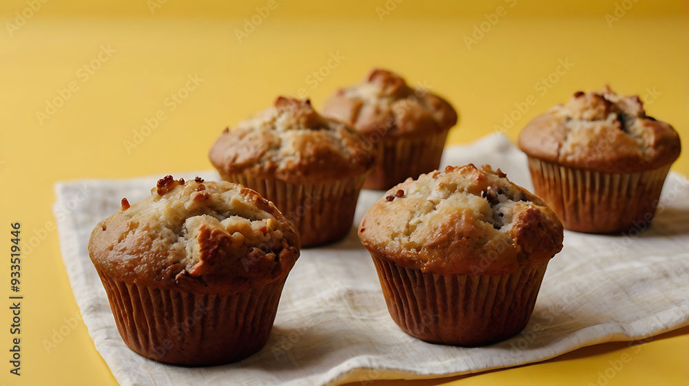 Top view homemade muffins on yellow background copy space Top view homemade muffins on yellow background copy space