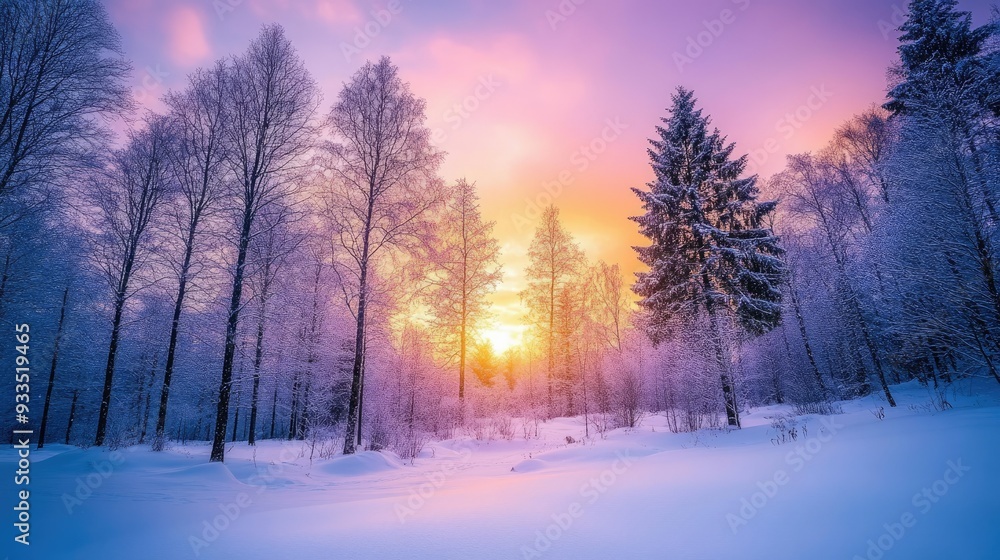 Naklejka premium A peaceful winter forest in Bieszczady, Poland, with snow-covered trees glowing under a colorful sunset sky.