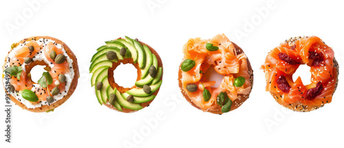 Set of isolated breakfast bagel with cream cheese and various toppings like smoked salmon, avocado, and capers on transparent background. cut flower elements, garden themed designs. Top view high qual photo