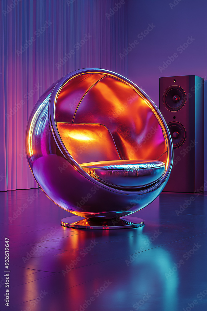 futuristic armchair with speakers in the background in a cozy lounge area