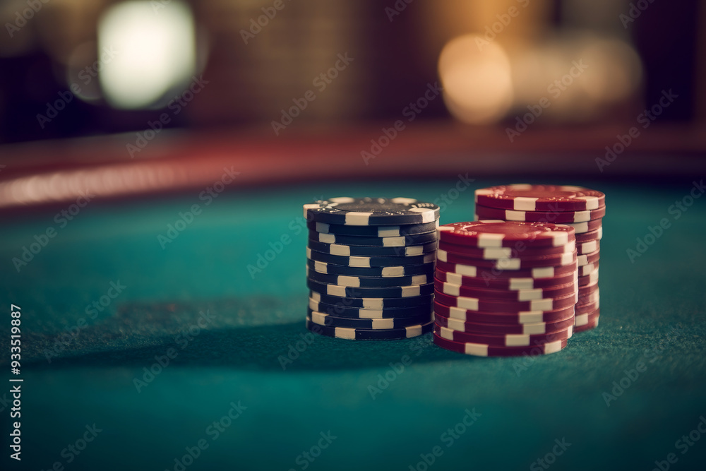 Close-up of stacked poker chips in varying colors, illuminated by moody casino lighting, representing the stakes and thrill of gambling.
Close-up of stacked poker chips in varying colors, illuminated by moody casino lighting, representing the stakes and thrill of gambling.