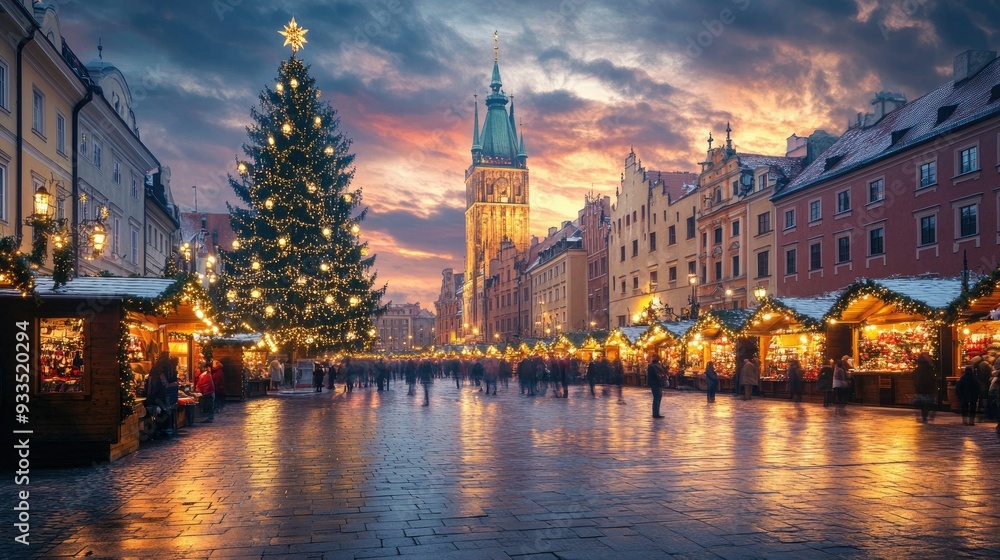 Fototapeta premium A picturesque view of Krakow's Main Market Square during the holiday season, with a towering Christmas tree and the beautifully lit Cloth Hall creating a festive ambiance.