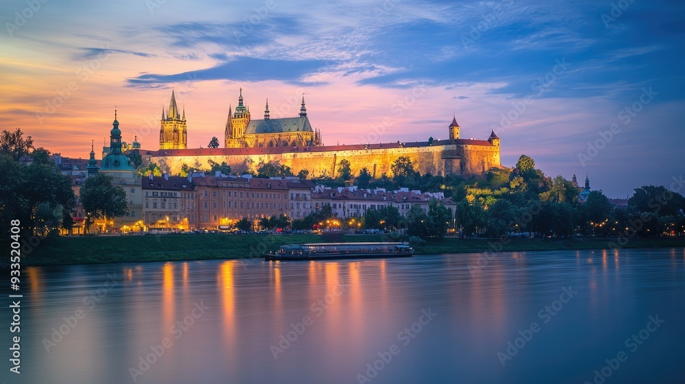 A picturesque view of Wawel Castle at dusk, with the twilight sky casting a gentle glow over the castle and the surrounding cityscape. A picturesque view of Wawel Castle at dusk, with the twilight sky casting a gentle glow over the castle and the surrounding cityscape.