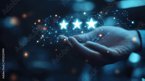 A virtual screen for a customer service review and performance review of efficient work or a business plan using online technology, against a dark blue background with copy space