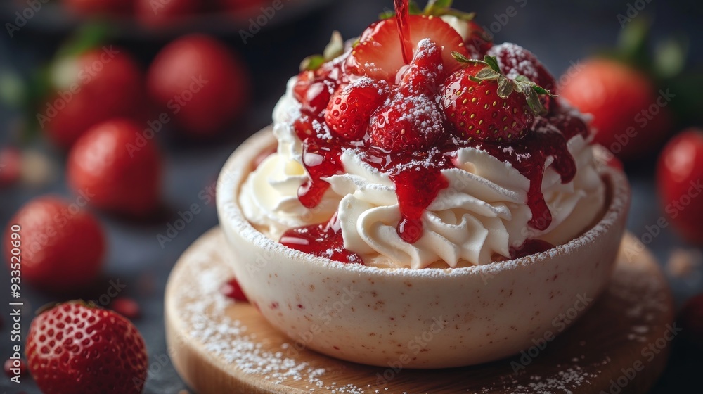 Strawberry and Cream Dessert with a Drizzle of Red Sauce