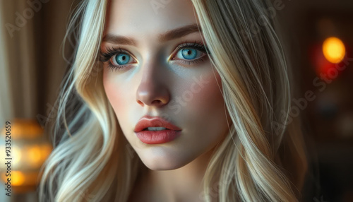 A woman with long blonde hair and blue eyes is wearing red lipstick