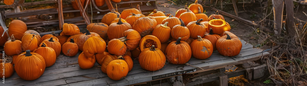 Large group of pumpkins lying on the table of the marketplace stand in the evening with sunset. Concept of harvest, Halloween and seasonal trade. Large group of pumpkins lying on the table of the marketplace stand in the evening with sunset. Concept of harvest, Halloween and seasonal trade.