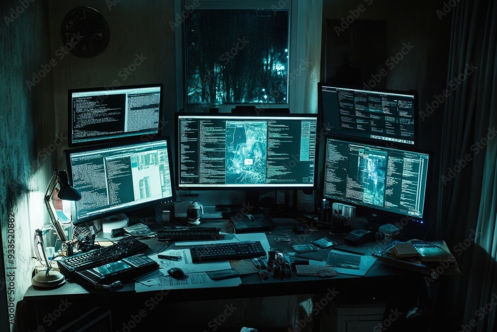 A high-tech workspace with multiple monitors displays data and code. The room is dimly lit, showcasing a modern digital aesthetic. Ideal for tech themes and innovations. Generative AI A high-tech workspace with multiple monitors displays data and code. The room is dimly lit, showcasing a modern digital aesthetic. Ideal for tech themes and innovations. Generative AI