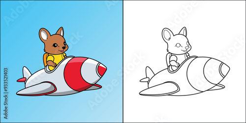 Cute bunny riding a space rocket suitable for kids coloring page vector illustration
