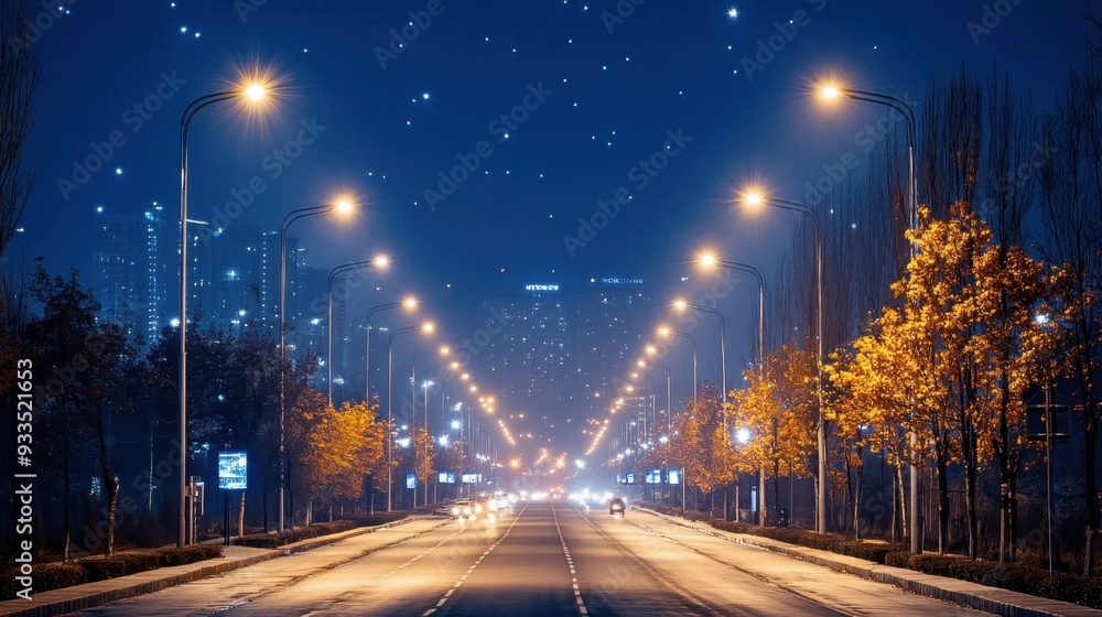 A street at night with a lot of lights with stars A street at night with a lot of lights with stars