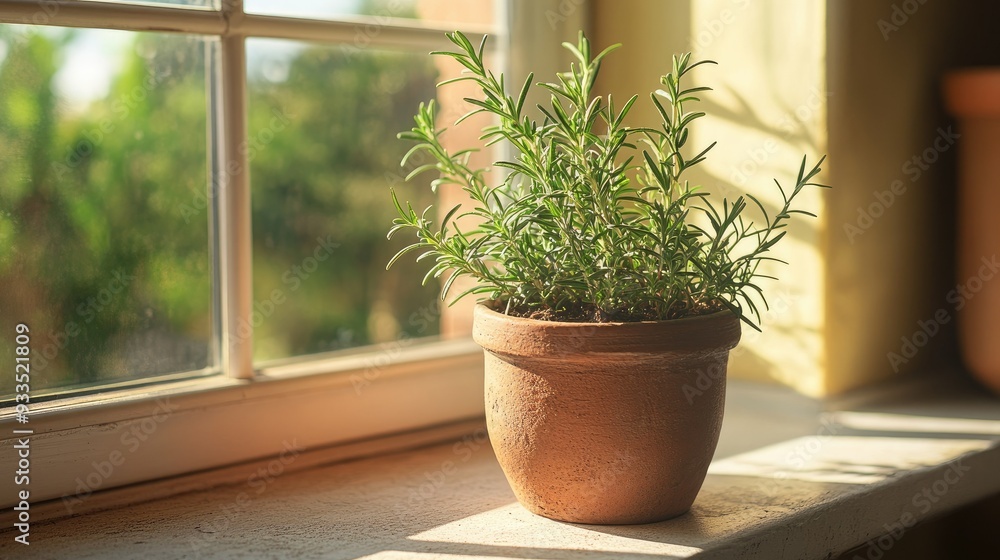 A rustic pot of rosemary sits on a kitchen windowsill, with natural light streaming in. A peaceful scene of organic home gardening. A rustic pot of rosemary sits on a kitchen windowsill, with natural light streaming in. A peaceful scene of organic home gardening.
