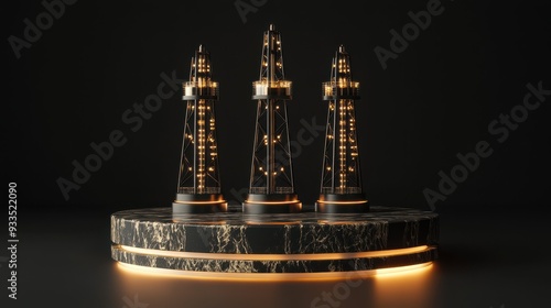 Elegant display of three illuminated Texas oil derricks on a marble platform with glowing accents, embodying industrial sophistication and artistic design photo