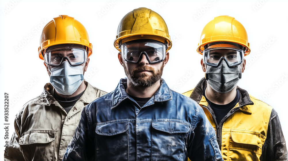 Men in Hard Hats and Protective Gear in a Cut-Out Photograph for Manufacturing Employment Men in Hard Hats and Protective Gear in a Cut-Out Photograph for Manufacturing Employment